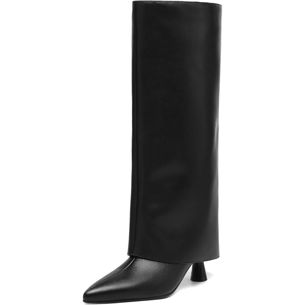 Women's Black Leather Slouchy Knee High Pointed Toe Folded Shark Stylish Boot